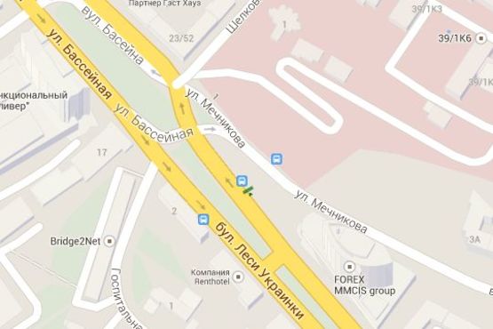 Схема рекламної площини за адресою Лесі Українки бульв., 1  (бізнес центр "Парус")_зупинка громадського транспорту (в напр. Басейної вул.)