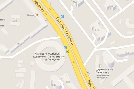 Схема рекламной плоскости по адресу Лесі Українки бульв., 28 ("Кругла башта", ресторан "СушіЯ"); зупинка громадського транспорту (в напр. Лесі Українки пл.)