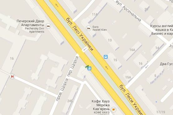 Схема рекламной плоскости по адресу Лесі Українки бульв., 24 - Коновальця Євгена вул. (Щорса вул.), ;_зупинка громадського транспорту