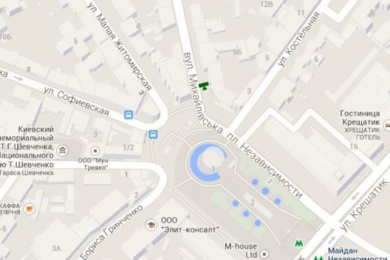 Схема рекламної площини за адресою Михайлівська вул. - Трьохсвятительська вул., 2;  кафе "Double Coffee"