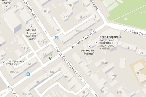 Схема рекламної площини за адресою Льва Толстого вул. - Саксаганського вул., 109 (кафе "Кофе-Хауз") (№6 - в напр. Південного ЖД Вокзала)