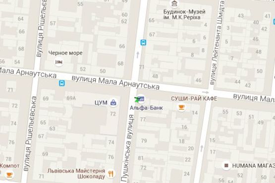 Схема рекламної площини за адресою Пушкінська вул. - Мала Арнаутська вул.