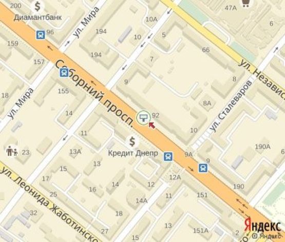 Схема рекламної площини за адресою Соборный пр.,192  ЦЕНТРАЛЬНАЯ ЗОНА("ПУМБ". "Мегаспорт",магазин "Гардероб")