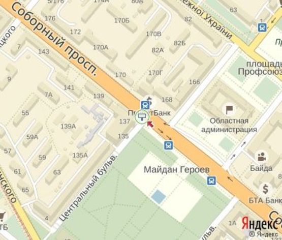 Схема рекламной плоскости по адресу Соборный пр., Героев пл. ЦЕНТРАЛЬНАЯ ЗОНА. (Гостинница "Intourist" к "Альфа-Банк"и "Нова Пошта")