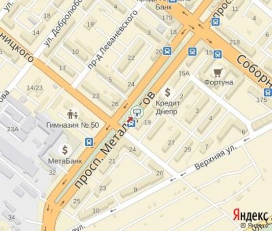 Схема рекламной плоскости по адресу Металлургов пр.,19 к Проспекту Соборный. ЦЕНТРАЛЬНАЯ ЗОНА. Напротив Нова Пошта.Направление к Макдональдс