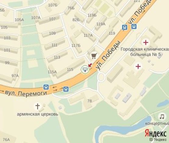 Схема рекламной плоскости по адресу Победы ул.,115 ЦЕНТРАЛЬНАЯ ЗОНА (напротив "АТБ","Нова Пошта" и Медицинского центра "Юлис")