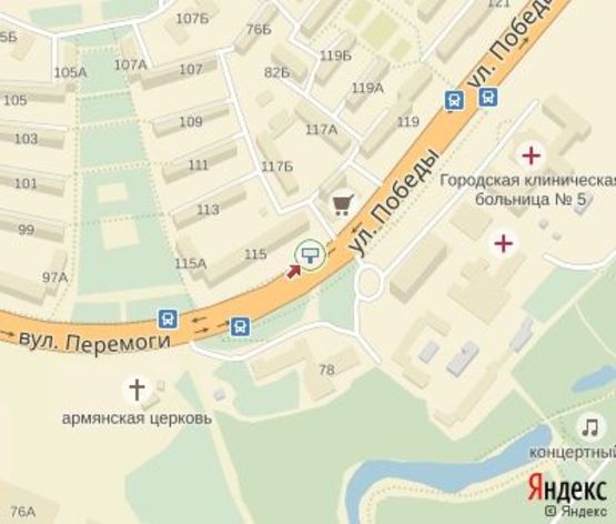 Схема рекламной плоскости по адресу Победы ул.,115 ЦЕНТРАЛЬНАЯ ЗОНА (напротив "АТБ" ,"Нова пошта"и Медицинского центра "Юлис")