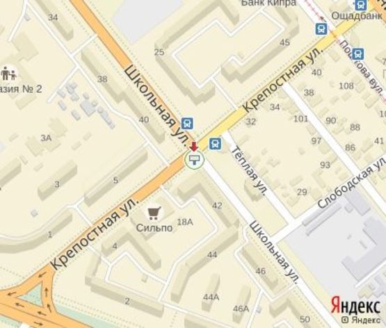 Схема рекламной плоскости по адресу Школьная ул., 42 -Крепостная ул. ЦЕНТРАЛЬНАЯ ЗОНА .(Супермаркет "Сильпо")