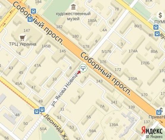 Схема рекламной плоскости по адресу Новицкого ул.,7 - Соборный пр.ЦЕНТРАЛЬНАЯ ЗОНА. (100 м. к Райффайзен Банк Аваль,"Альфа Банк", 100 м. Кинотеатр им.Довженка)