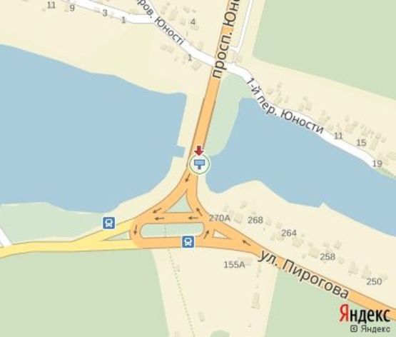 Схема рекламной плоскости по адресу Юности ул., 9 (музей Пирогова, ж/м "Вишенка" направление от ТЦ "МагиГранд" и "McDonalds")