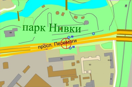Схема рекламной плоскости по адресу Победы проспект, 65 (разделитель за мостом М "Нивки") по ходу из центра