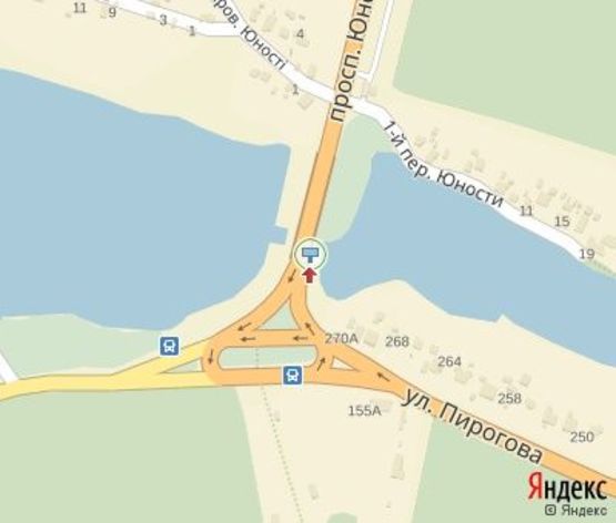 Схема рекламной плоскости по адресу Юности ул., 9 (музей Пирогова, ж/м "Вишенка" направление к ТЦ "МагиГранд" и "McDonalds")