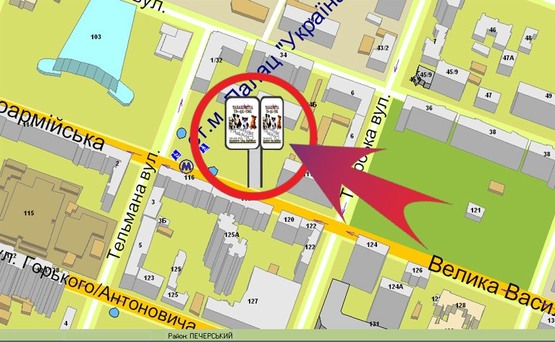 Схема рекламной плоскости по адресу Вул. Червоноармійська, Біля А/зупинки "ПК “Україна” (тріедр)  ("Miami Blues")