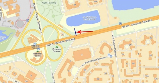 Схема рекламной плоскости по адресу Бажана пр-т 400 м до пр-та Григоренко, в центр, правая