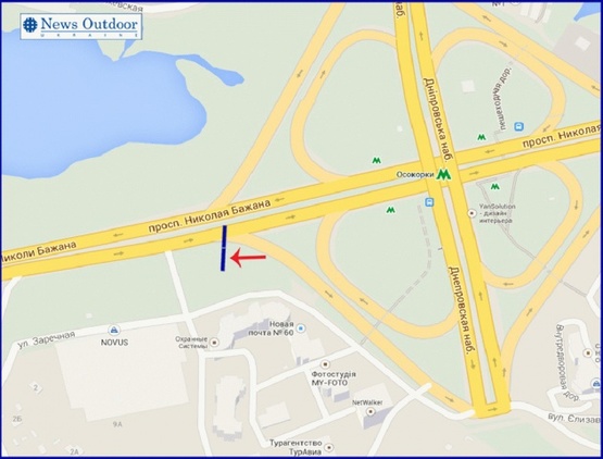 Схема рекламной плоскости по адресу Бажана пр-т, возле ст.м.Осокорки, в центр, левый