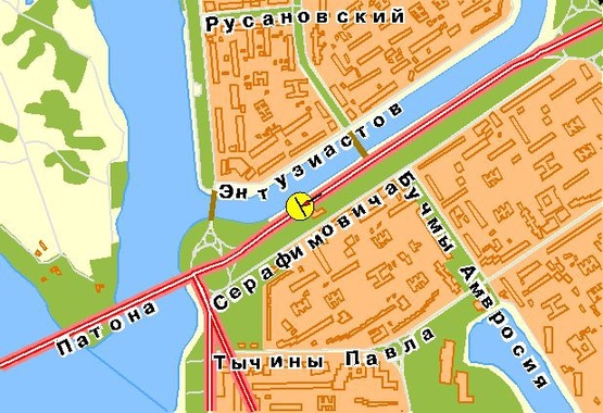 Схема рекламной плоскости по адресу Воссоединения пр-т, 2-й  от моста Патона, ж/м Русановка, в центр