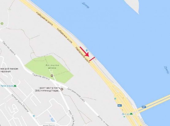 Схема рекламной плоскости по адресу Набережное шоссе, метро Днепр, Ривер Палац, от Почтовой пл.