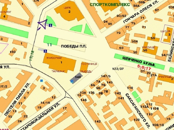 Схема рекламной плоскости по адресу Победы пл., возле Цирка, у п/п к ул.Воровского, от ТЦ Украина