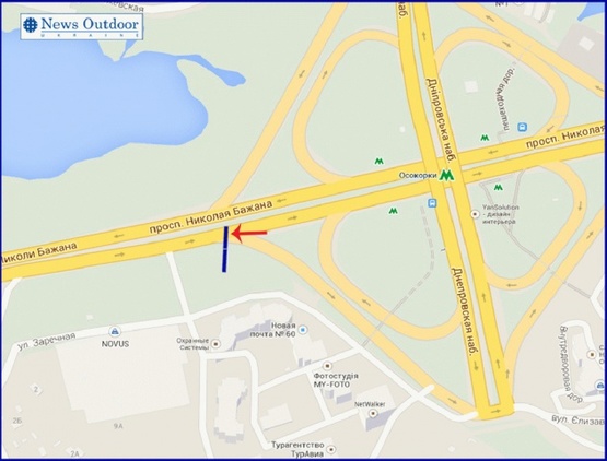 Схема рекламной плоскости по адресу Бажана пр-т, возле ст.м.Осокорки, в центр, правый