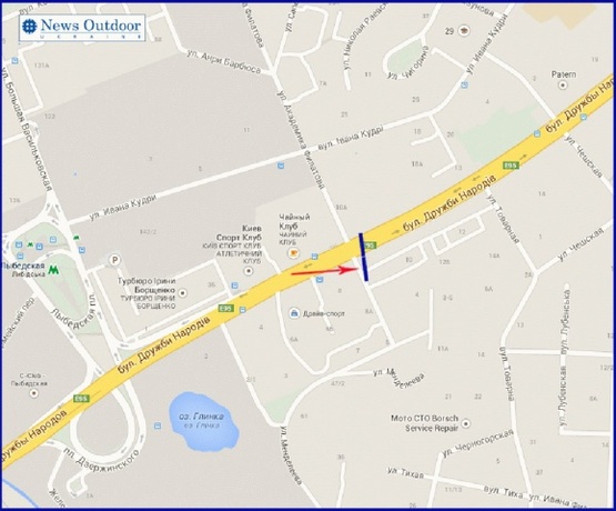 Схема рекламной плоскости по адресу Дружбы Народов б-р 4/6, напротив гостиницы "Дружба", правая, в центр