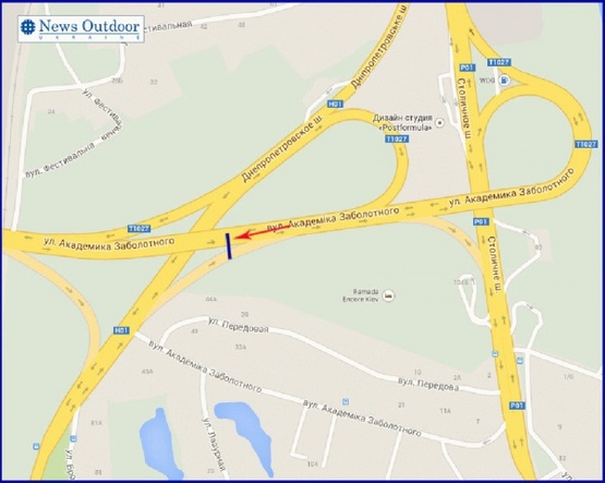 Схема рекламной плоскости по адресу Заболотного ул. выезд с Днепропетровского шоссе, в направлении Столичного шоссе