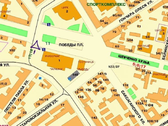Схема рекламної площини за адресою Победы пл., возле ТЦ Украина, супермаркета Велика Кишеня, пересечение ул.Воровского и пр-та Победы