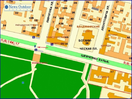 Схема рекламной плоскости по адресу Шевченка Тараса б-р на пересечении с ул. Пирогова