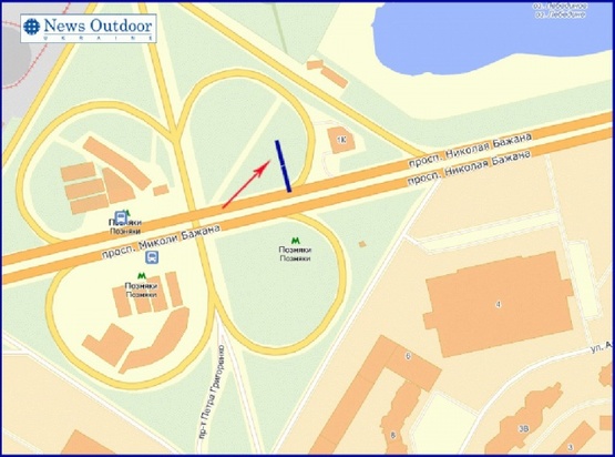 Схема рекламної площини за адресою Бажана пр-т, возле пр-та Григоренко, из центра, левый