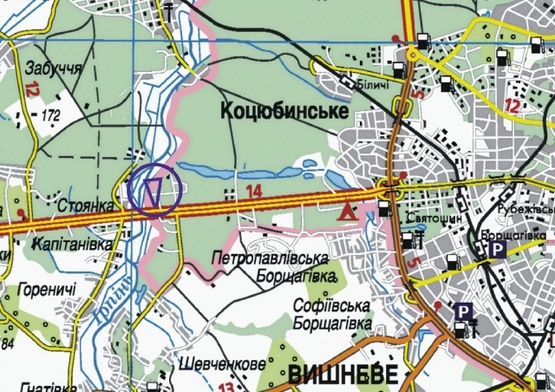 Схема рекламної площини за адресою Въезд в Киев, со стороны Житомира, за н.п.Стоянка, от котедж.городка Мила Петрушки