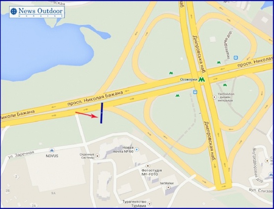 Схема рекламной плоскости по адресу Бажана пр-т, возле ст.м.Осокорки, из центра, правая