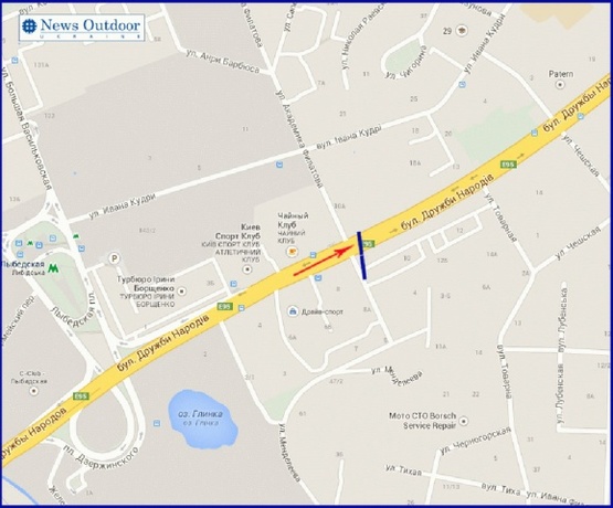 Схема рекламной плоскости по адресу Дружбы Народов б-р 4/6, напротив гостиницы "Дружба", левая, в центр