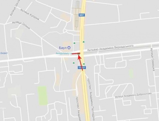 Схема рекламной плоскости по адресу Палладина Академика пр-т перекр.ул. Уборевича от пр.Победы, на раздел. треугольнике