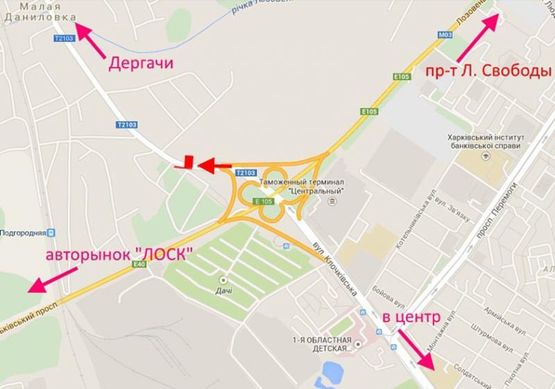 Схема рекламной плоскости по адресу Клочковская -развязка с окружной (1) выезд из  Харькова  в ст. Дергачей