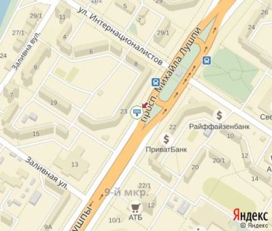 Схема рекламной плоскости по адресу Лушпы пр., 23 (центр) ("к Нова Пошта", 400 м к супермаркету "СамМаркет")