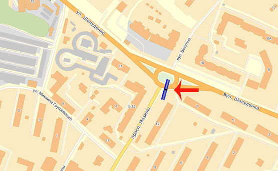 Схема рекламної площини за адресою Вышгород ул.Шолуденко,7/Мазепи/клумба (напр.на трассу Киев-Иванков) (В)