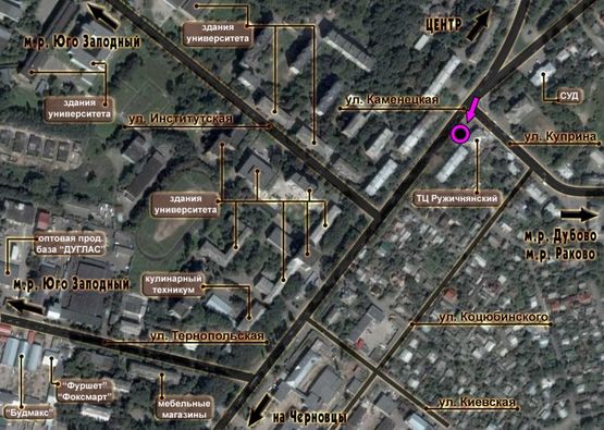 Схема рекламной плоскости по адресу перехрестя вул.Кам'янецька - вул.Купріна (Ружичнянський універмаг). неподалік: ТЦ "Ружичнянський", скупчення МАФів, зупинки, суд (від центру)