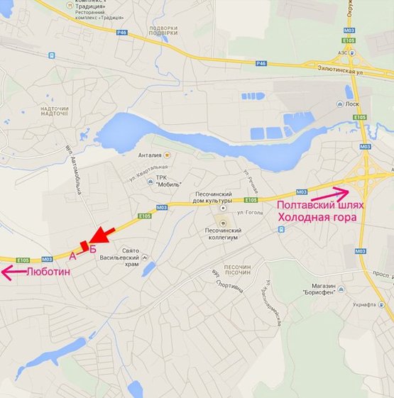 Схема рекламної площини за адресою Эстакада5-пос.Песочин-выезд из города в ст.трассы Киев-Харьков-Довжанский