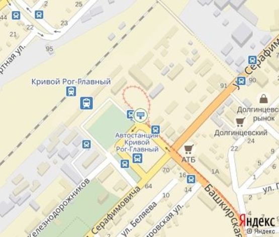 Схема рекламной плоскости по адресу Железнодорожников ул., 17 - Башкирская ул. (ЖД Вокзал ст. "Кривой Рог - Главный", конечная МТС)