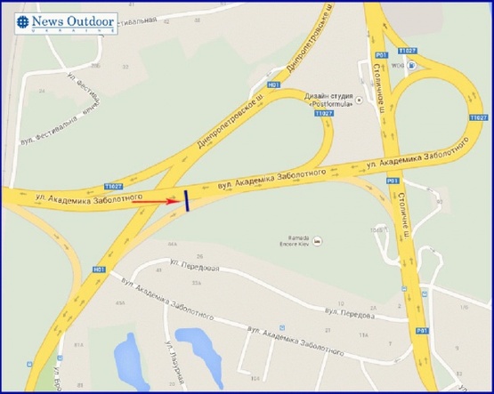Схема рекламной плоскости по адресу Заболотного ул. выезд с Днепропетровского шоссе, в направлении Столичного шоссе