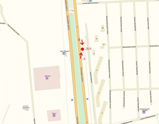 Схема рекламной плоскости по адресу ул., Зодчих 74 Крупная транспортная развязка, "Обойный" рынок, ТЦ "4 Room"  ТЦ "Диамант" ТЦ "Эпицентр"