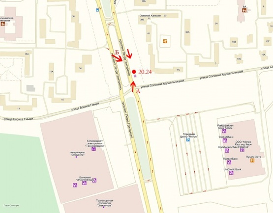 Схема рекламной плоскости по адресу Соломии Крушельницкой 1/5, ТЦ "Эпицентр" "Метро", поворот на ул. Мишуги, выезд Пр-т., Бажана, на перекрсетке ул. П. Григоренко/ Солемии Крушельницкой