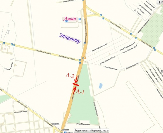 Схема рекламной плоскости по адресу Палладина, крупная транспортная развязка, на разделителе в направлении  ТЦ "Эпицентр" "Ашан" "Novus"