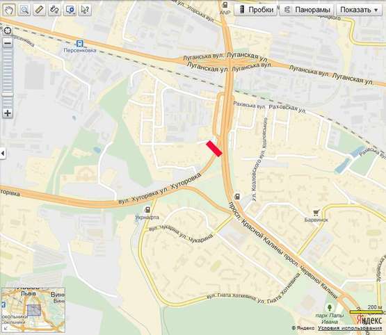 Схема рекламной плоскости по адресу Хуторівка, з їзд з моста ( до ринку Шувар)