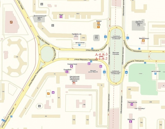 Схема рекламної площини за адресою Маршала Тимошенко ул., 21к1, м. Минская (выход из метро) Минская площадь, рынок Явир-95, Дрим-Таун, Дрим-Исландс, Остановка общественного транспорта, пешеходный переход