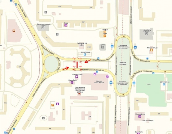 Схема рекламной плоскости по адресу Маршала Тимошенко ул., 21к12, м. Минская, рынок Явир-95, Дрим-Таун, Дрим-Исландс, Остановка общественного транспорта, пешеходный переход
