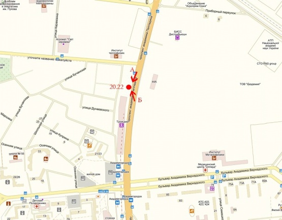 Схема рекламної площини за адресою Палладина, крупная транспортная развязка, на территории рынка "Троицкий", в направлении м. Академгородок ТЦ "Novus"