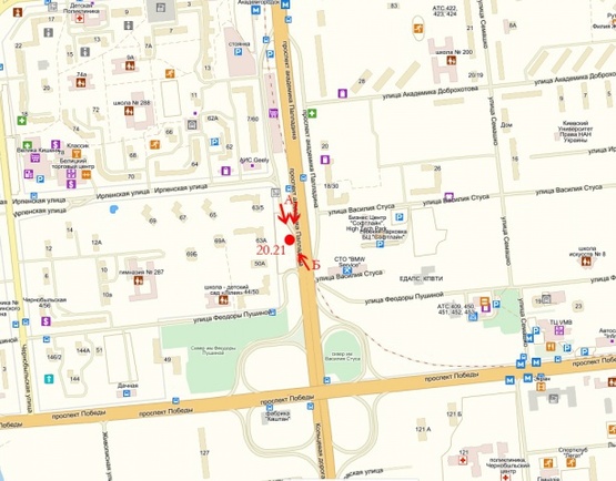 Схема рекламної площини за адресою Палладина, крупная транспортная развязка, на территории автостоянки, перед въездом на мост пр-т., Победы