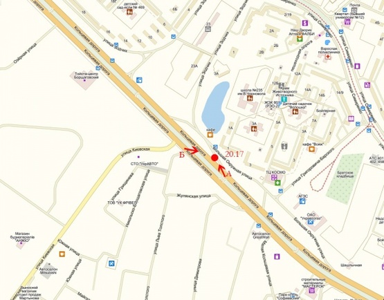 Схема рекламной плоскости по адресу Большая Окружная 1, крупная транспортная развязка, через дорогу Автозаз Дэу, в сторону пр-т., Победы, на развилке