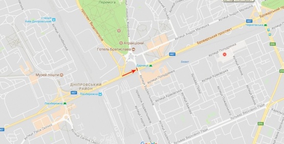 Схема рекламной плоскости по адресу Броварской просп, /ул. Строителей, под мостом, из центра