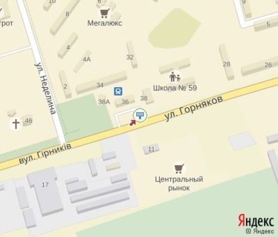 Схема рекламної площини за адресою Горняков ул., 38, мкр. Ингулец (автовокзал, рынок) за поворотом